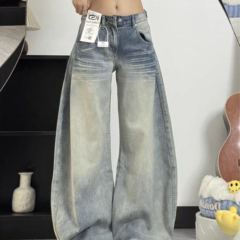 Plus-Size Vintage American-Style Scimitar Jeans for Women, Summer Low-Waist Slimming Straight Wide-Leg Pants for Pear-Shaped Figures