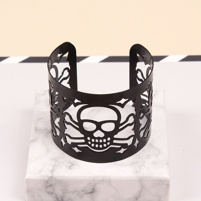 Bracelet en métal personnalisé avec tête de mort, bracelet large à manchette noire rétro punk pour Halloween_voghion.com
