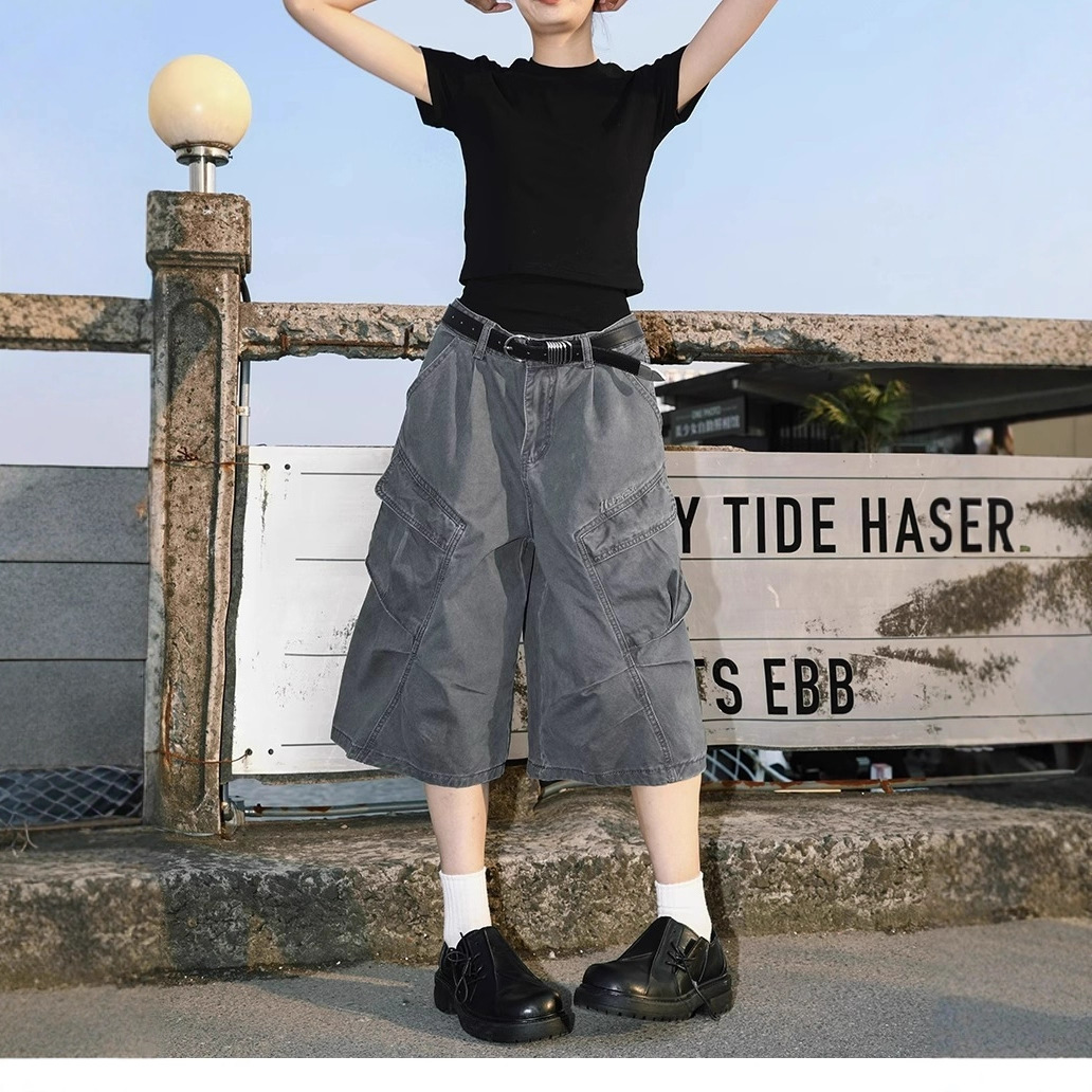 American-Style Trendy Straight-Leg Cargo Shorts for Men, Summer Casual Loose Pocket Cropped Pants