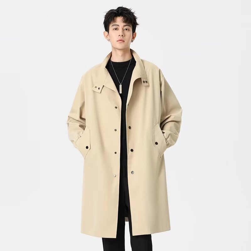 Spring thin men's mid-length stand-up collar single-breasted trench coat, loose casual plus size lapel coat, British style