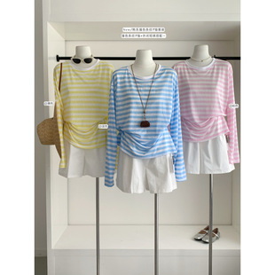 Blue Stripesd Sun Protection Blouse for Women Summer Thin Korean Style Cool Ice Silk Long-Sleeved T-Shirt Shorts Suit