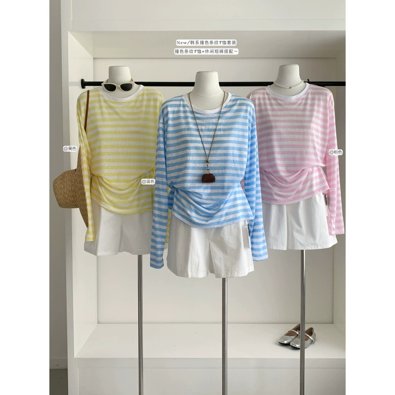Защитная блузка от солнца в синюю полоску для женщин, летняя тонкая футболка в корейском стиле из ледяного шелка с длинными рукавами, шорты, костюм