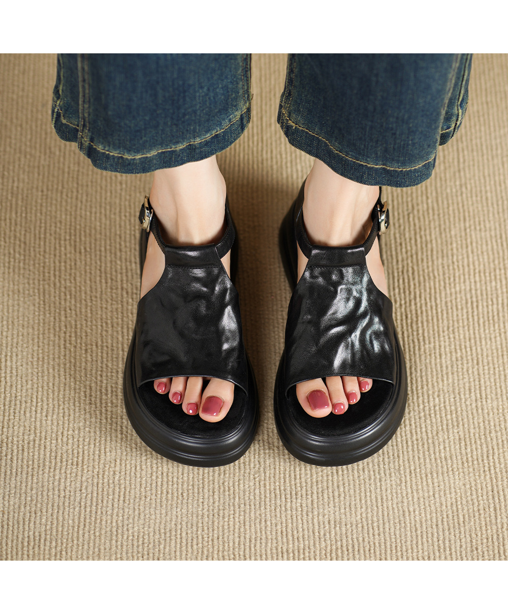 Sandal cao gót nữ hở mũi da bò đế dày quai ngang khóa — Khóa thắt lưng màu đen, Khóa thắt lưng màu nâu, Velcro màu mơ, Giấy dán ma thuật màu nâu chi tiết 9