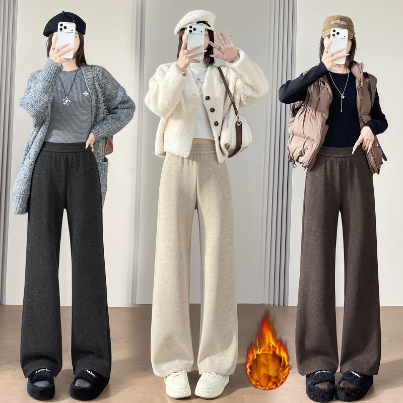 Petite Fleece-Lined Casual Loose Straight-Leg Flared Pants for Women, Fleece-Lined Autumn and Winter New Elastic Waist Cropped Pants