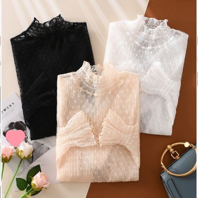 高领蕾丝打底衫女秋冬洋气内搭长袖新款小衫波点网纱上衣白色