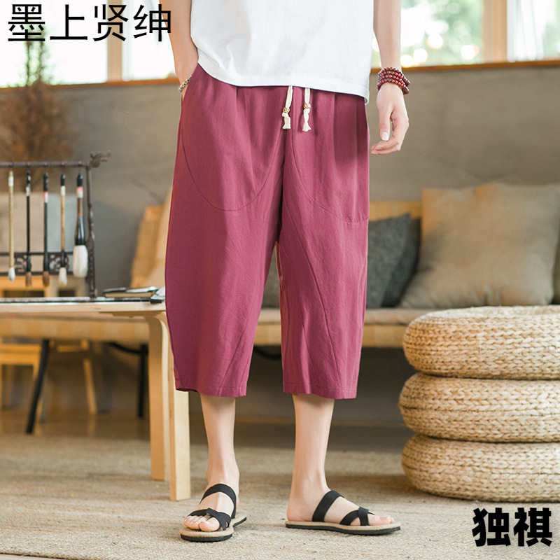 Pantalones cortos de lino Pantalones cortos de pierna ancha sueltos y delgados de estilo chino para hombres Pantalones cortos casuales de algodón y lino de gran tamaño de verano juvenil