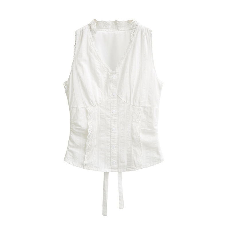 2025 White V Neck Lace Sleeveless Shirt for Women Korean Girly Elegant Waist Strap Vest Top