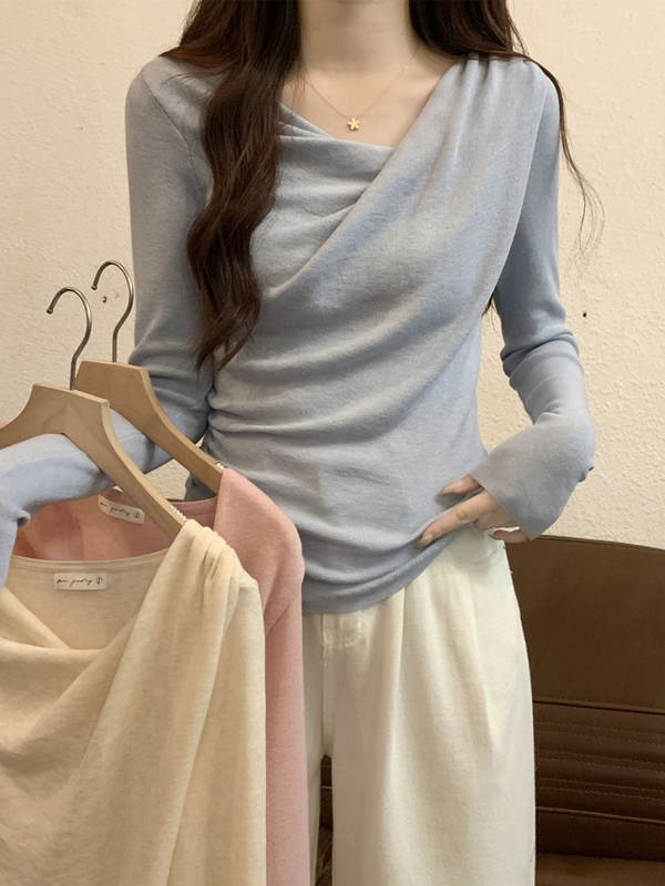 法式别致荡领扭褶斜领显瘦长袖针织衫女初秋温柔风韩系设计感上衣|undefined
