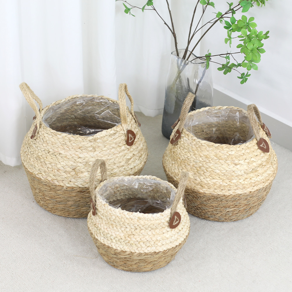 Cesta de flores ornamentación de caña tela de paja maceta de mano maceta de plantación verde maceta de almacenamiento canasta de plantas de sala de estar decoración de flores en maceta