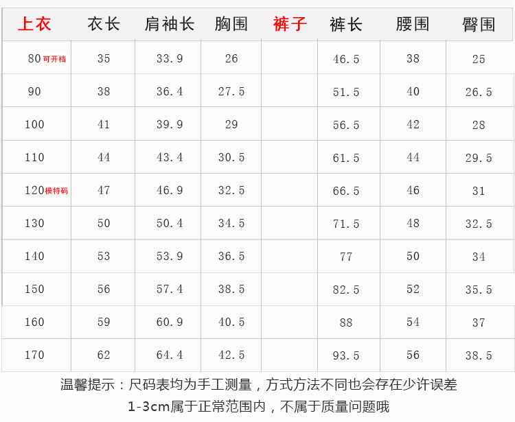 家居服尺码表