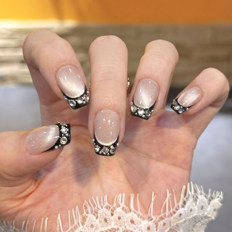 Dai Risen [Ancient Magic] Casual Black French Cat Eye Manicure Zircon Diamond Wearable Nail Chips Purely Handmade