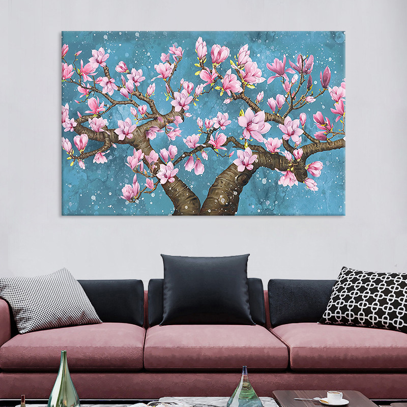 亚马逊粉色花朵玉兰花客厅装饰画沙发背景墙无框挂画喷绘画芯