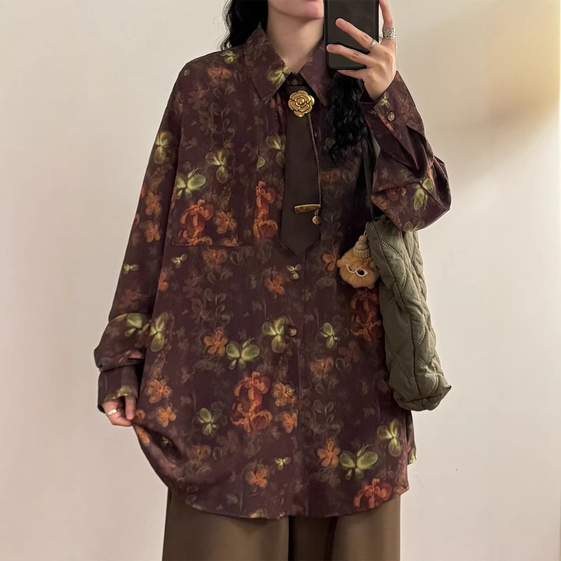 2026 Spring and Autumn High-End American Retro Floral Full-Print Loose Casual Long-Sleeve Tie Shirt Women's Top