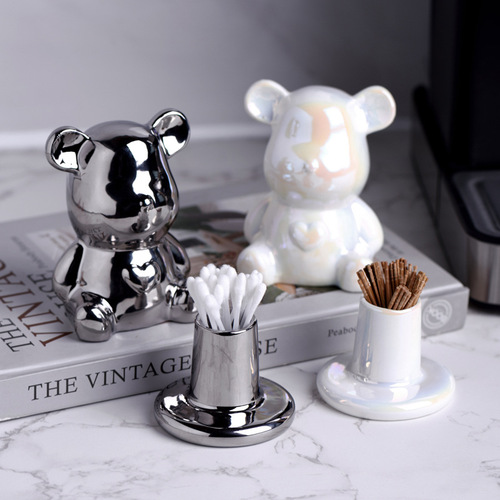 High-quality, stylish, minimalist, bear-shaped toothpick jar, ceramic, luxury, household cotton swab holder, floss box, creative, personalized, cute