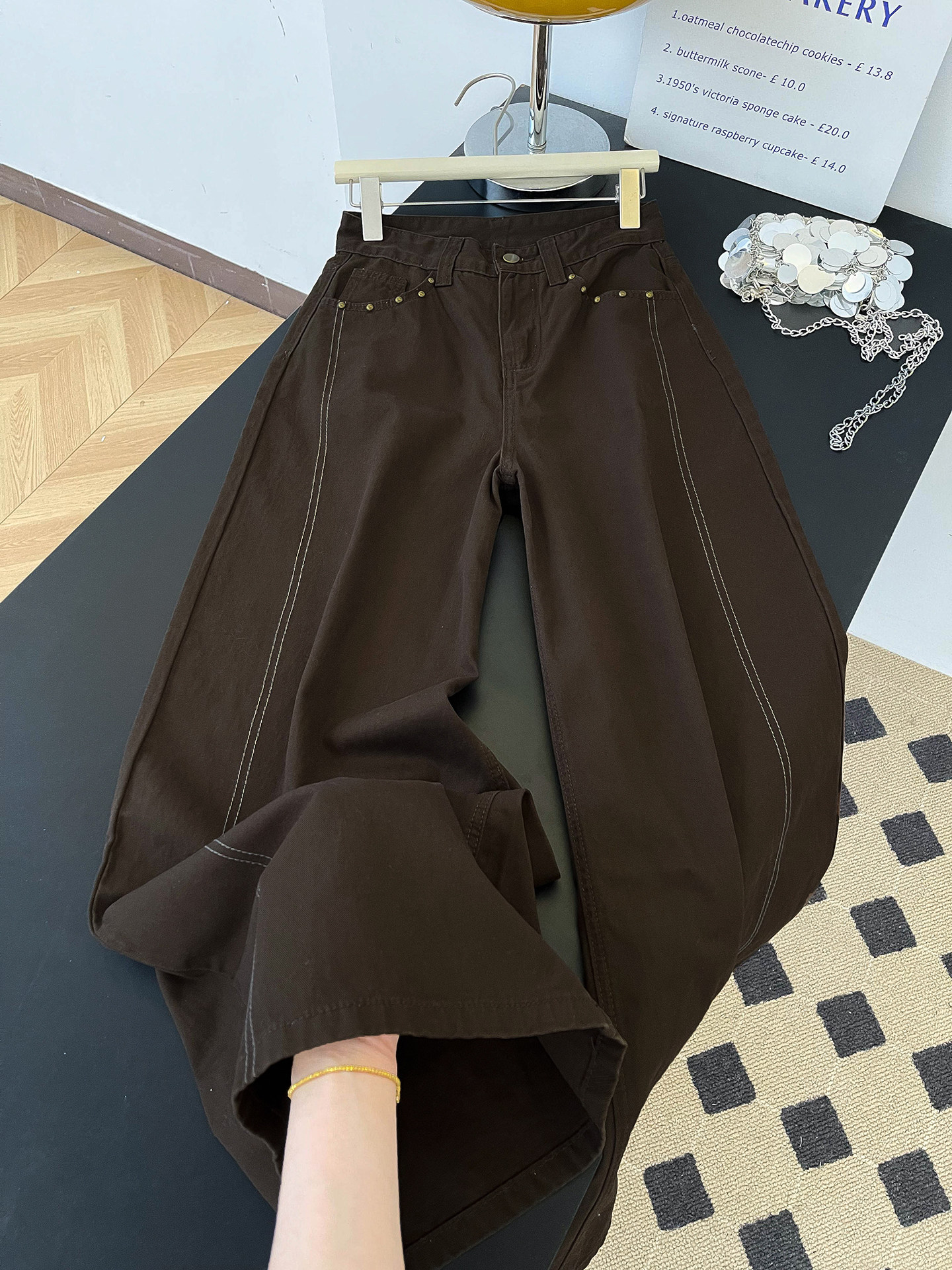 Women's High-Waisted Slimming Wide Leg Trousers Brown Rhinestone Patchwork Casual Denim Jeans Pocket Detail Retro American Style Spring Fashion_ecoleips.com
