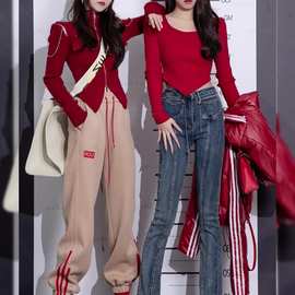 网红时髦感红色开衫上衣两件套女春夏季2023新款束脚卫裤套装