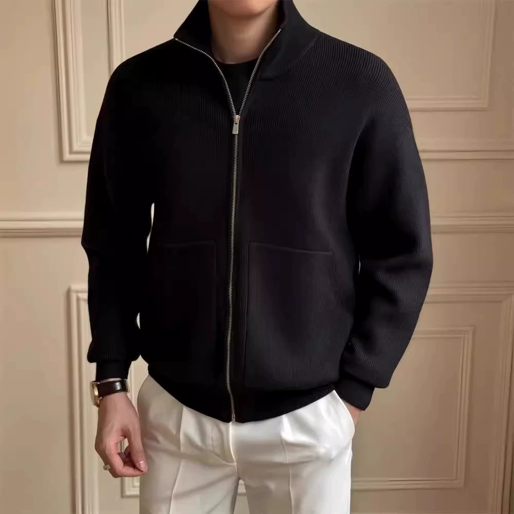 Нишевый минималистский кардиган на молнии с воротником мужской 2024 осень и зима новый легкий роскошный однотонный трикотажный топ