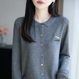 法式polo翻领精纺羊毛彩扣开衫女宽松软糯细腻春秋毛衣外套刺绣