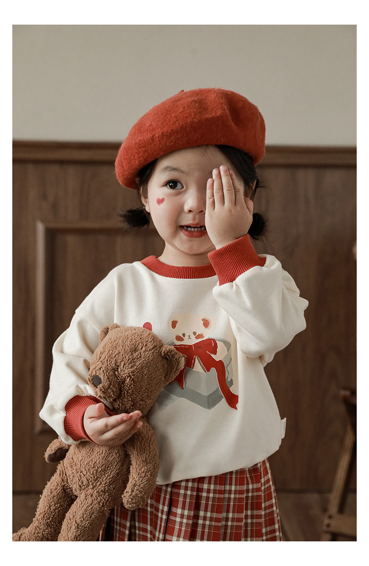Qiu Duomeng Girls' Cartoon Little Bear Sweater Checkered Set 2024 New Spring and Autumn Children's Top Half Skirt_voghion.com