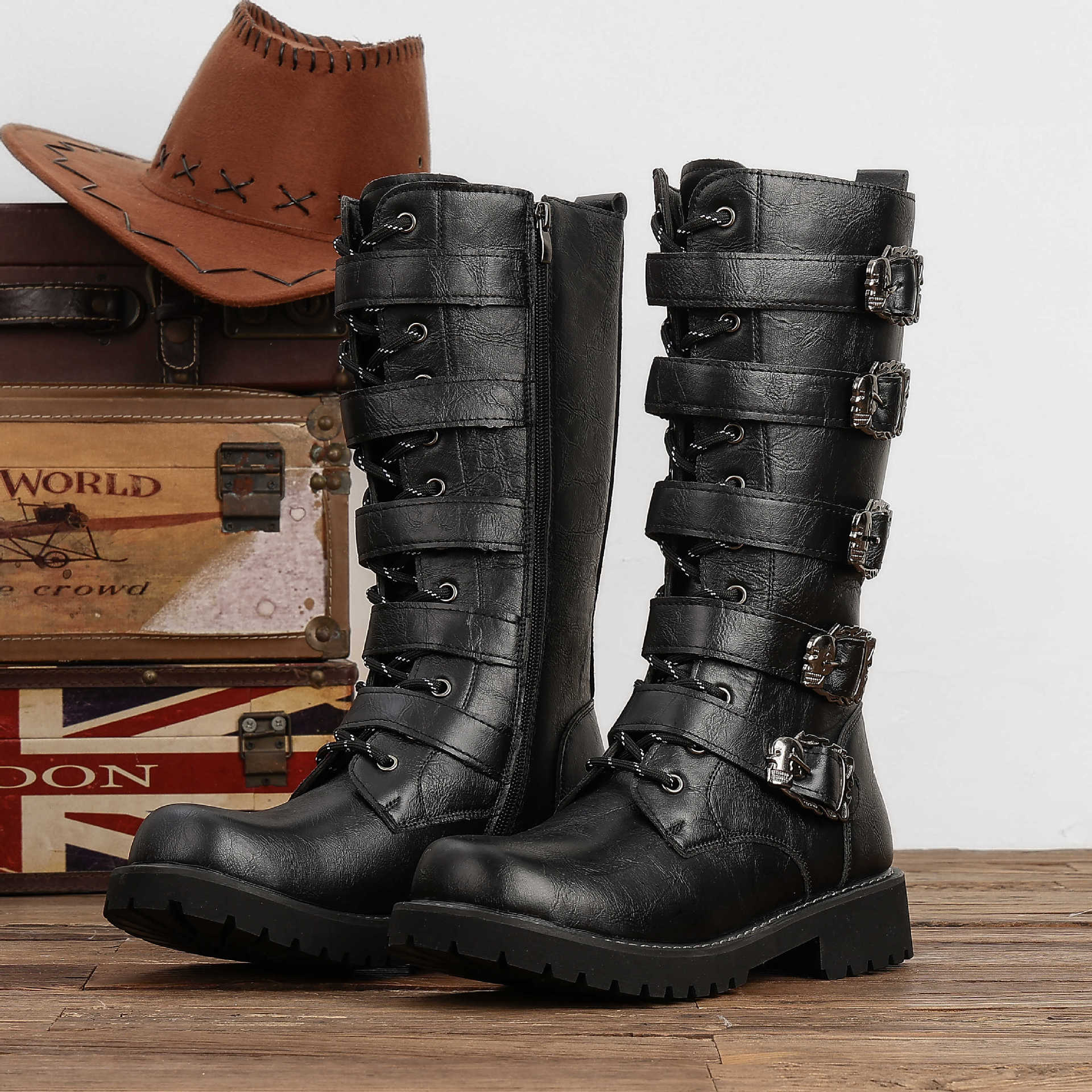 2025 New Punk Work Boots Men's High Martin Boots Side Zipper Metal Buckle Fashion Boots