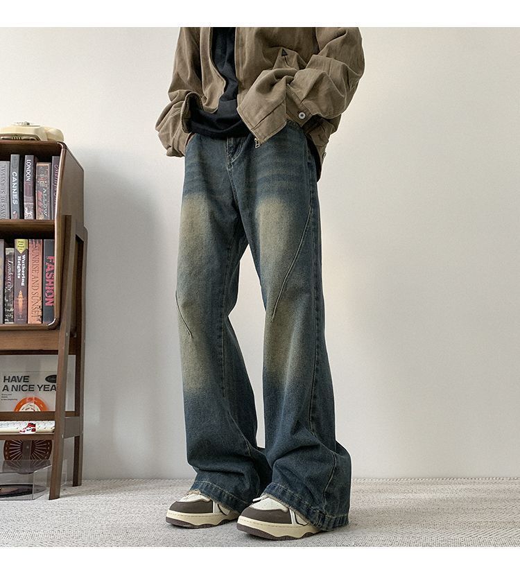 Men's High Street Cleanfit Vintage Washed Denim Jeans - Relaxed Fit Straight Leg Trousers For Casual Wear​_mkmklike.com