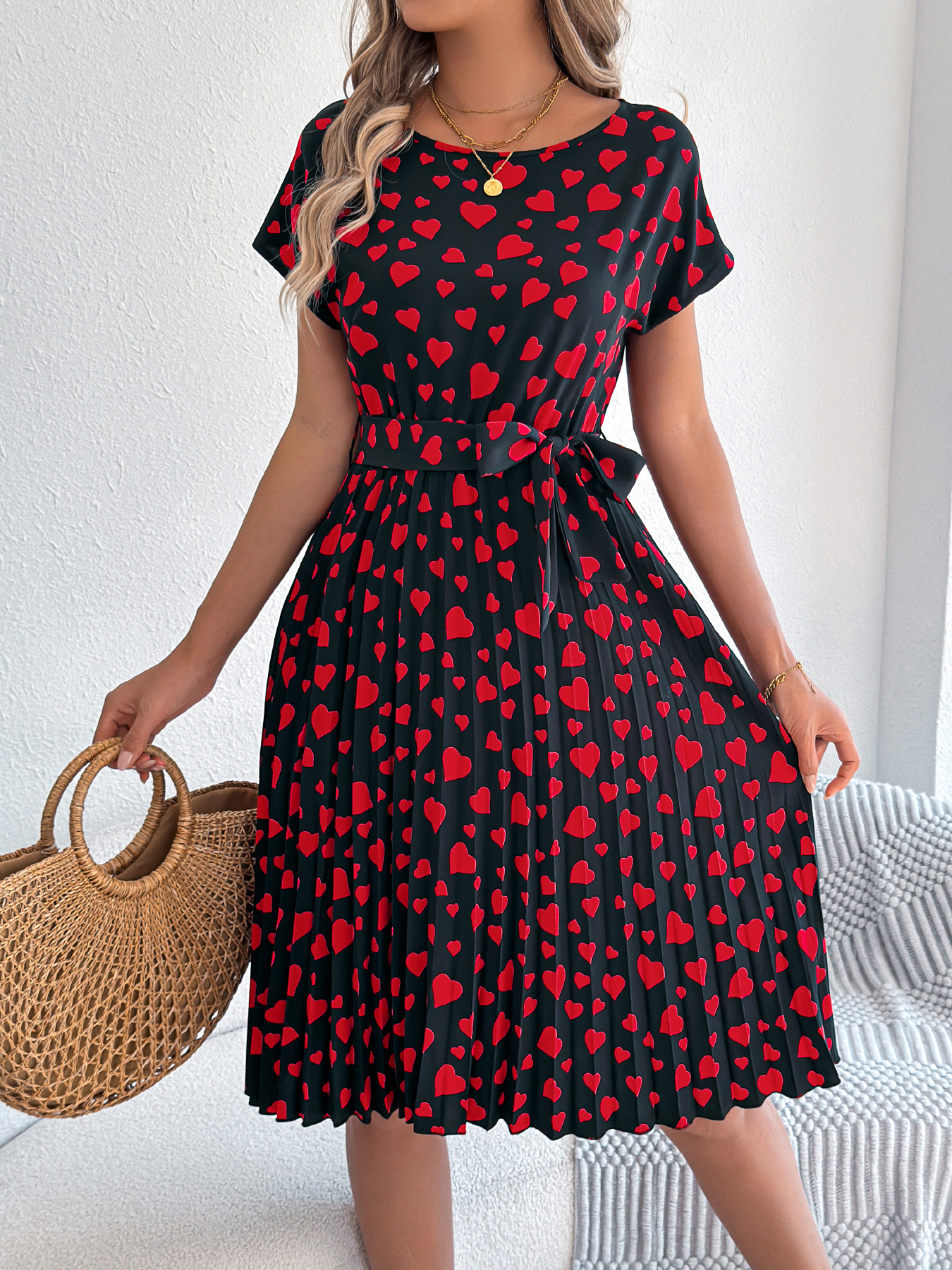 Valentine Day Gift Spring Summer Casual Contrast Color Love Heart Short Sleeve Waist Controlled Pleated Dress Women Clothing 10 Valentine Day Gift Spring Summer Casual Contrast Color Love Heart Short Sleeve Waist Controlled Pleated Dress Women Clothing