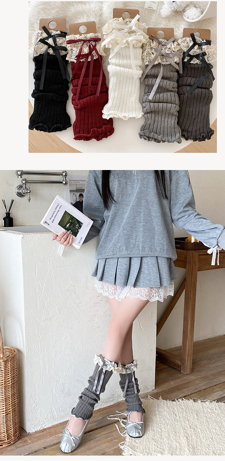 Beinstulpen Bootshang Baumwollsocken Damenstrümpfe mit Spitze und Schleife im Lolita-Stil, Ballett-Stil Mädchen Encore Rote gestapelte Beinstulpen_voghion.com