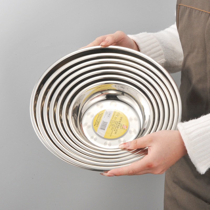Fabricante mayorista de platos de acero inoxidable gruesos para cocina, cantina escolar, platos para comida, platos para condimentos, platos redondos, platos para comedor doméstico.