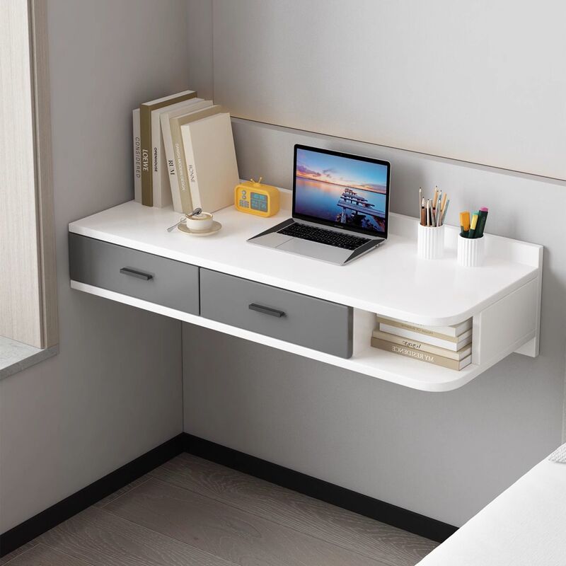 Suspended Desk Home Student Writing Desk Solid Wood Integrated Bookshelf Laptop Table Bedroom Hanging Bedside Table