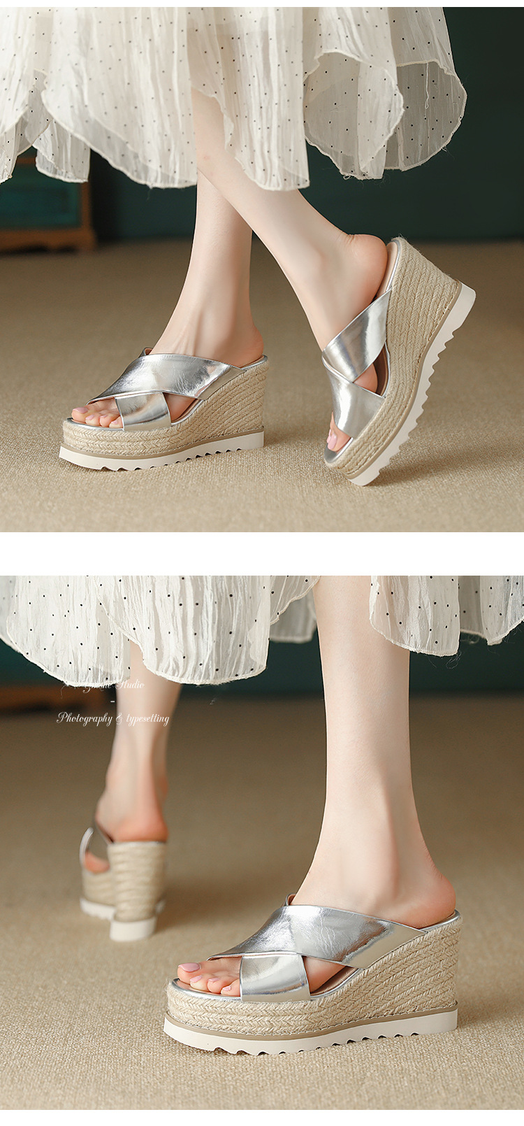 Sandal cao gót nữ đế xuồng đan rơm hở mũi quai chéo bản to — màu trắng ngà, bạc chi tiết 6