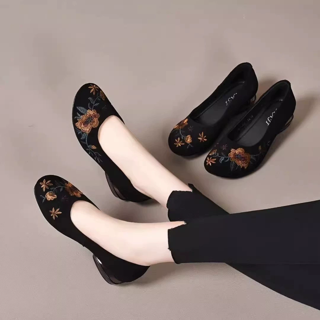 Летние этно-шьюм embroidered Slip-On обувь для мамы - удобная черная обувь, этно-стиль, повседневная