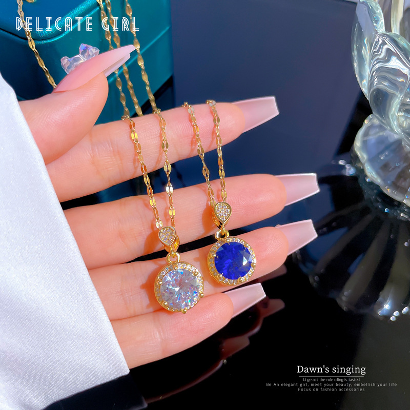 Fashion Round Titanium Steel Plating Inlay Zircon Pendant Necklace 1 Piece