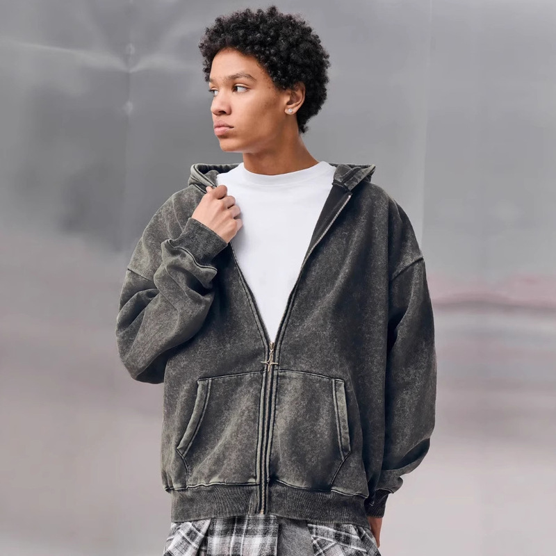 Heavy Weight Zipper Cardigan Hooded Sweatshirt Men's American Retro Loose Oversize Men's and Women's Autumn and Winter Couple's Shirt