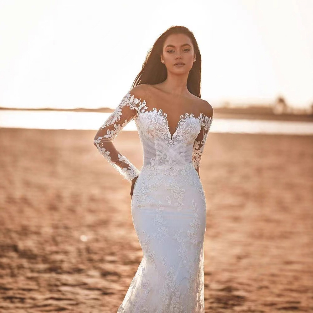 Amazon trailing vestido de novia sexy cintura fishtail 2024 primavera nuevo adelgazar fuera del hombro profundo V vestido de novia
