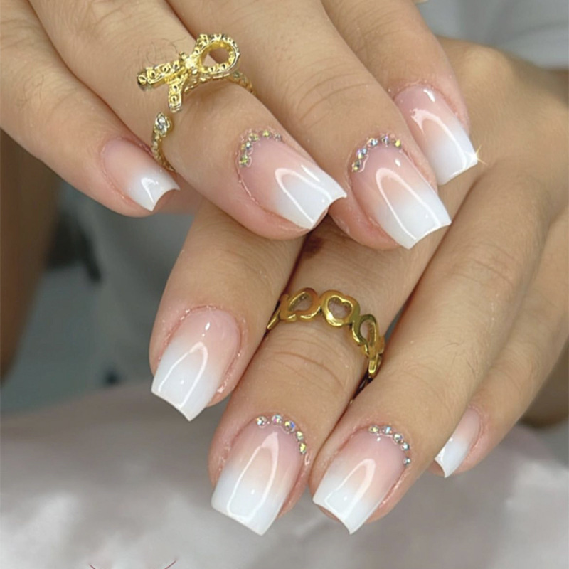 Nail nail piece wholesale White simple gradient with drill square head wearing nail nail piece fake nail removable nail art Nail nail piece wholesale White simple gradient with drill square head wearing nail nail piece fake nail removable nail art
