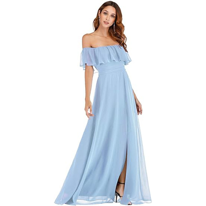 European and American New Style Off-The-Shoulder Solid Color Dress, Sleeveless, Floor-Length, Ruffled Chiffon Evening Dress, Elegant and Fashionable European and American New Style Off-The-Shoulder Solid Color Dress, Sleeveless, Floor-Length, Ruffled Chiffon Evening Dress, Elegant and Fashionable