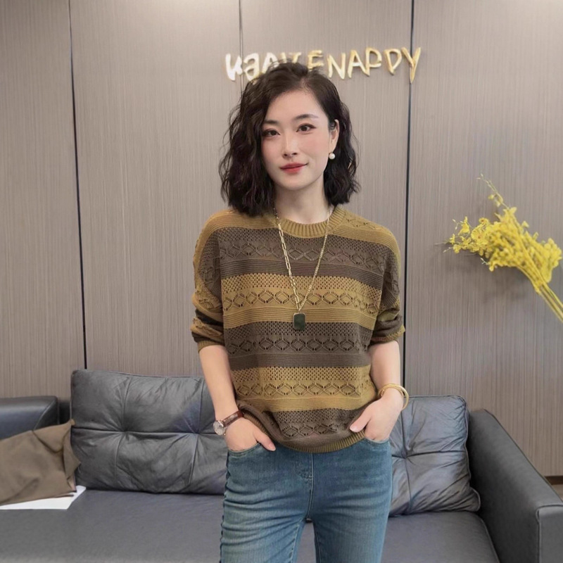 一件代发春秋套头女圆领镂空长袖撞色条纹宽松显瘦针织衫女打底衫|undefined