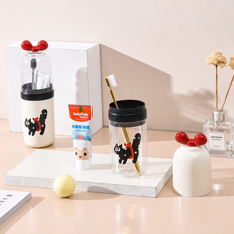 Caja de cepillo de dientes de viaje de gato, taza de enjuague portátil, taza de cepillo de dientes de PET, taza de lavado, caja de aparatos de dientes, recipiente de pasta de dientes