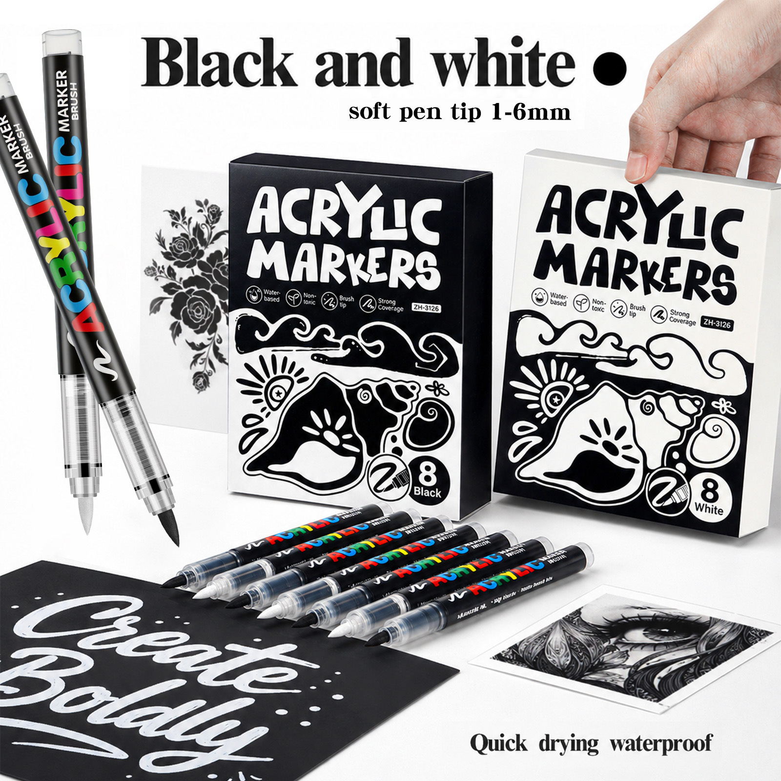 White direct liquid soft-tip acrylic marker pen, art-specific line pen for students to draw anime characters and doodles