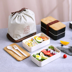 Japanese-style double-layer plastic lunch box with bamboo and wood cover, microwaveable portable lunch box set, student lunch box for office workers