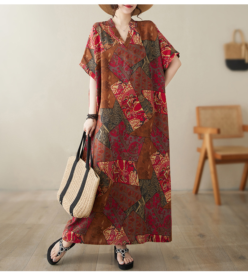Vintage V-ausschnitt Strandkleid Aus Baumwollleinen Locker Geschnitten_voghion.com