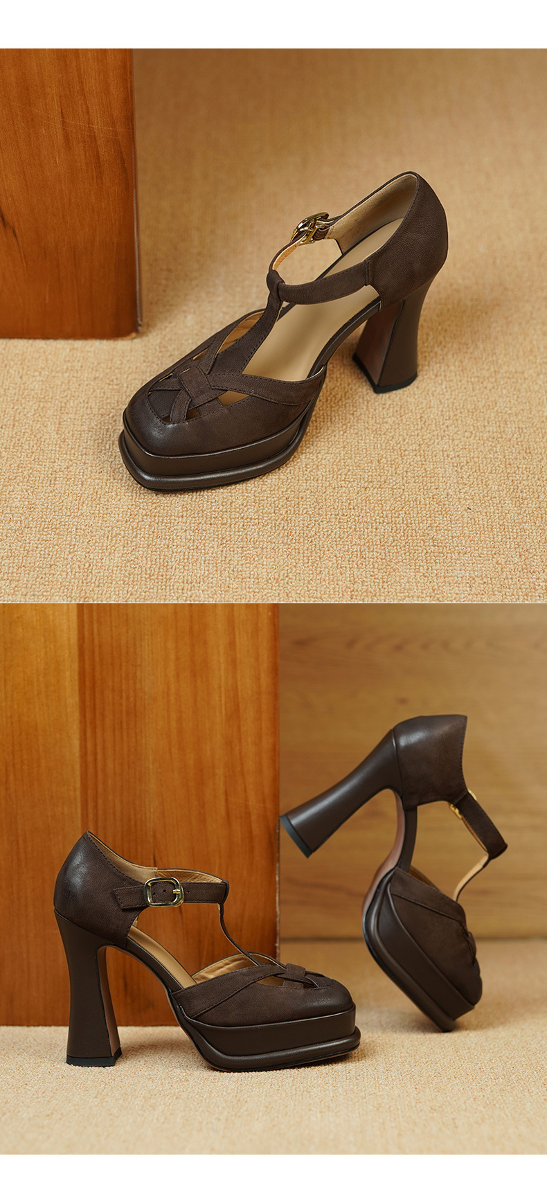 Giày sandal cao gót nữ bít mũi hở gót, quai chữ T, gót 12 cm, đế thô — Màu caramel chi tiết 8