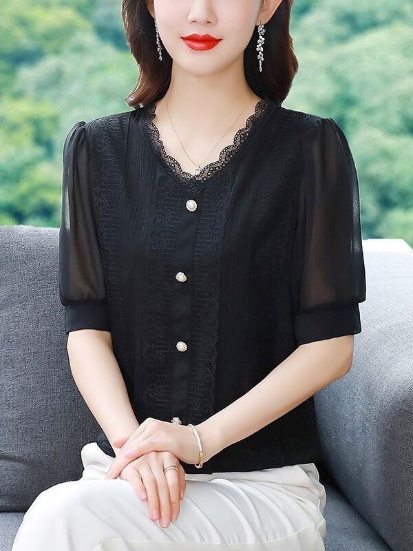 Summer New Style Patchwork Chiffon Lace Korean-Style Short-Sleeved Shirt with Versatile Collar, Age-Reducing and Stylish, Cool and Breathable