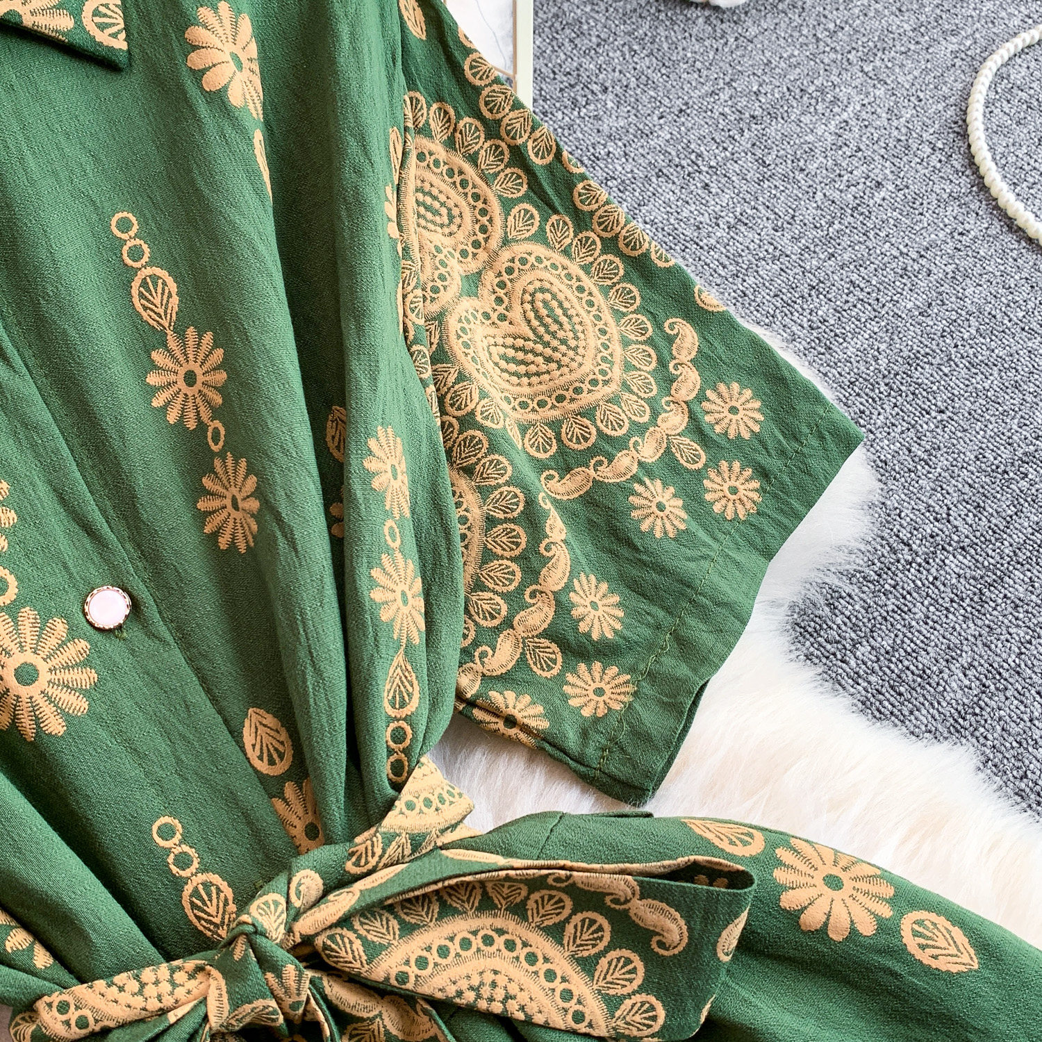 Women's French Retro Heavy Embroidery Lapel Dress Korean Style Single-Breasted Slimming Ruffled Long Skirt Summer Dress_ecoleips.com