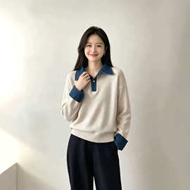 POLO领牛仔袖拼接假两件毛衣女秋冬2025新款针织衫 上衣牛仔袖