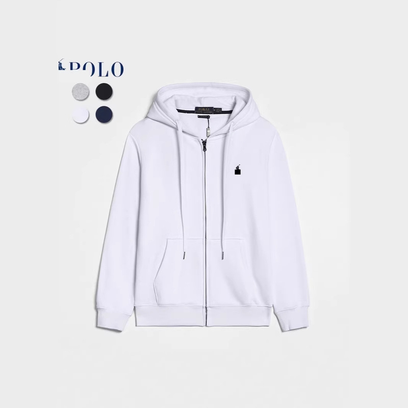 Cross-Border Pony Logo Embroidered Hooded Sweatshirt for Men, Autumn and Winter Style, Fleece-Lined Zip-Up Cardigan, Men's Sweatshirt, Ralph Lauren Jacket
