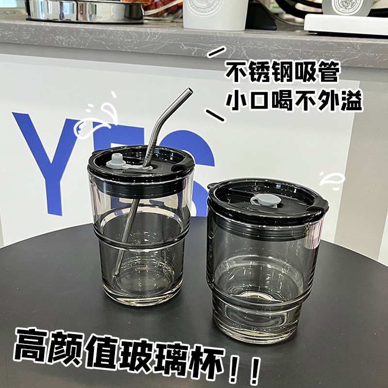 韩版简约水杯吸管玻璃杯女带盖竹节杯大容量咖啡ins风喝水杯子