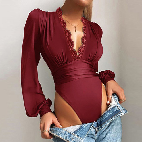 D1255 Autumn Amazon Plain Deep V-Neck Lace Edge Fitted Bodysuit for Women with a Bold and Flirty Style