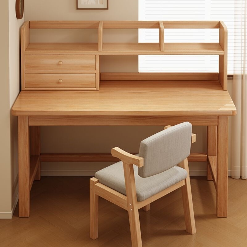 Solid wood study writing desk with bookshelf, integrated desk for home use, bedroom computer desk, simple student workbench Solid wood study writing desk with bookshelf, integrated desk for home use, bedroom computer desk, simple student workbench