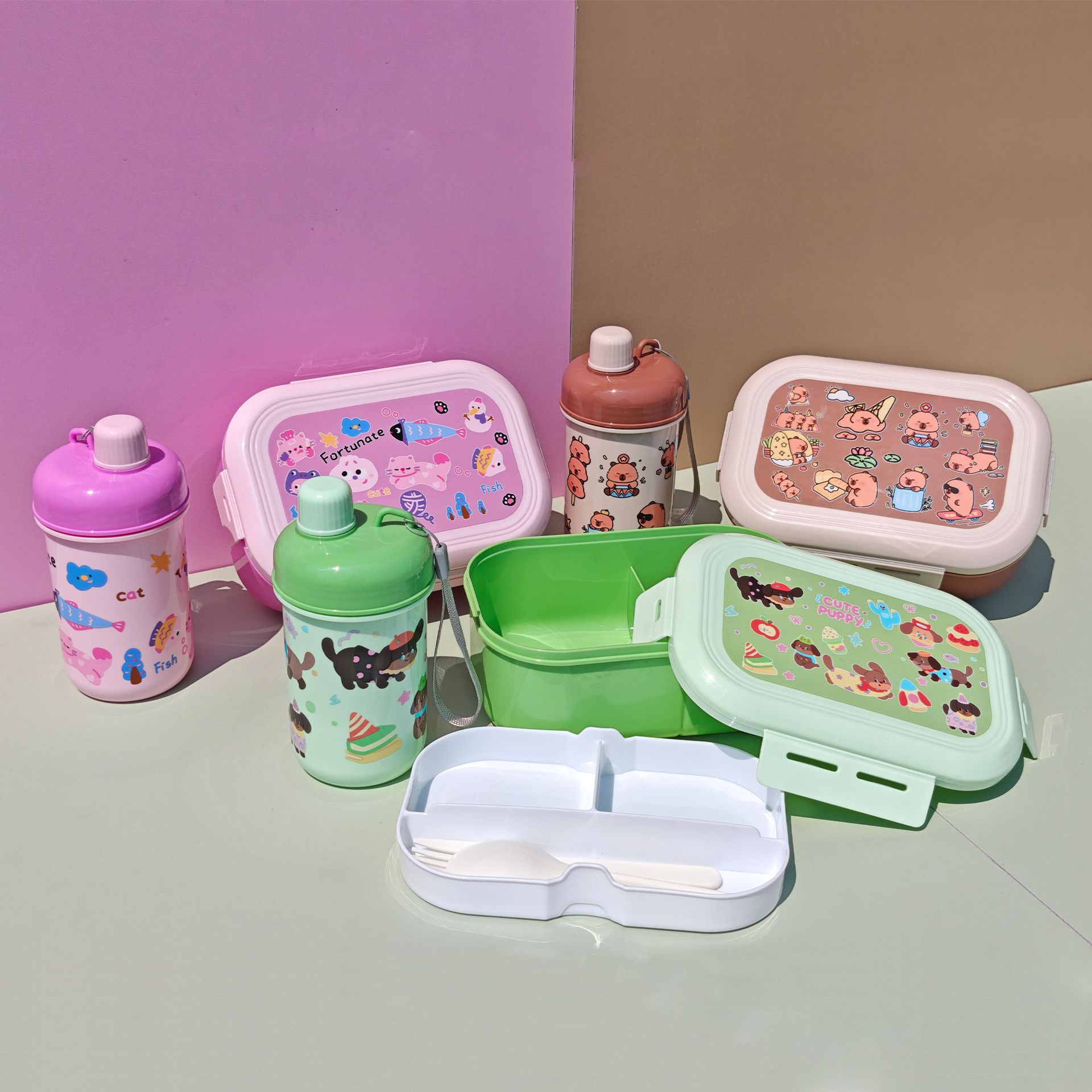 Hot sale de doble almuerzo de plástico hervidor conjunto de estudiantes y niños lindo caja de almuerzo portable taza de agua directa